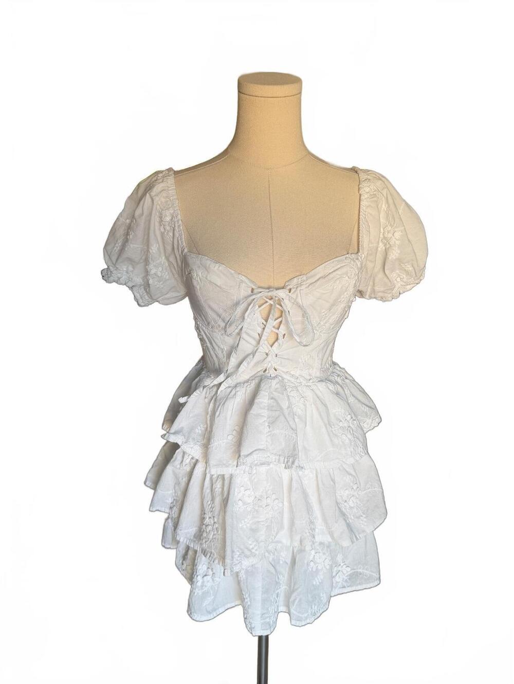 Altar'd State White Puff Sleeve Tiered Mini Dress with breast wire